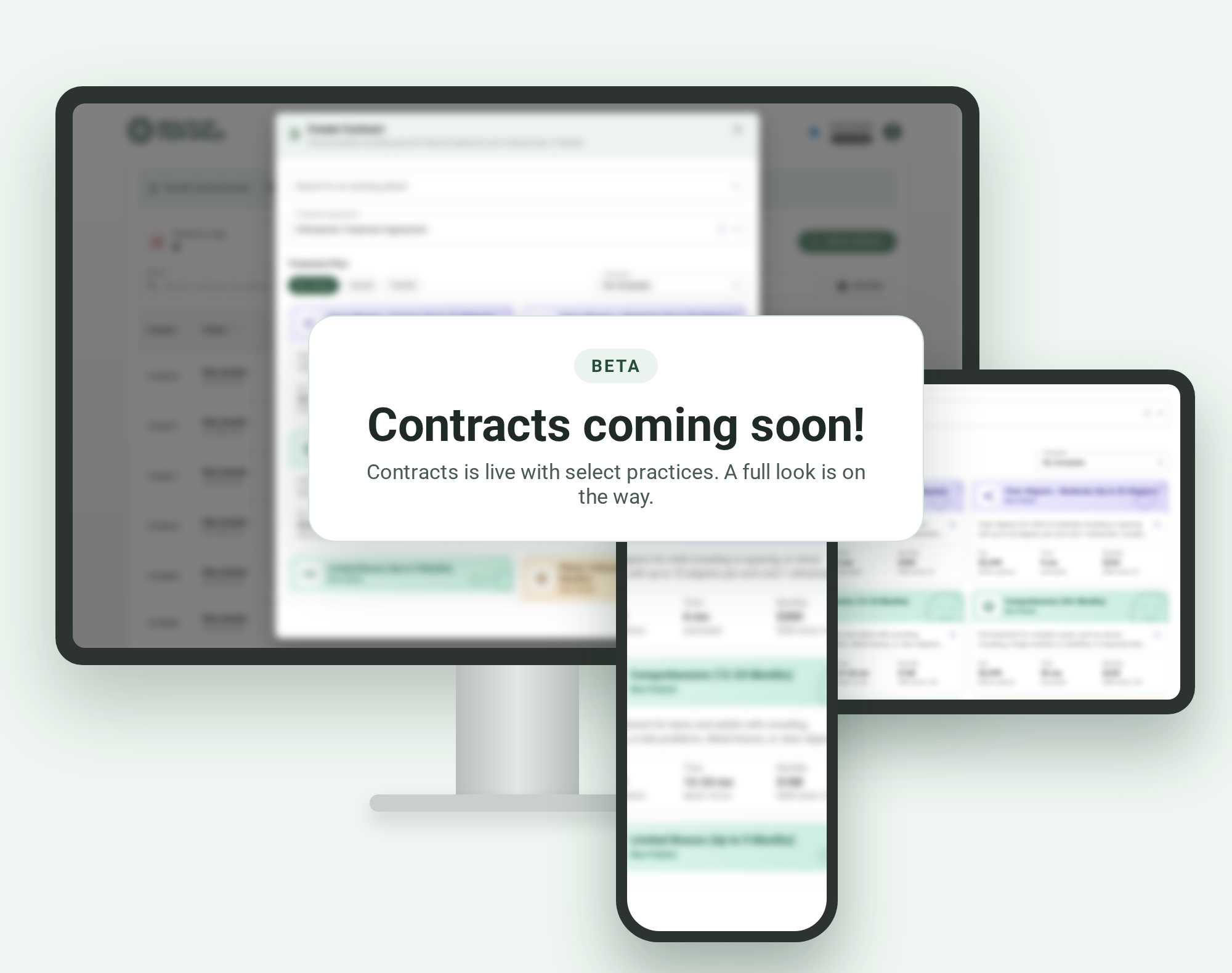 A blurred preview of Contracts on desktop, iPad and iPhone, marked Beta and coming soon