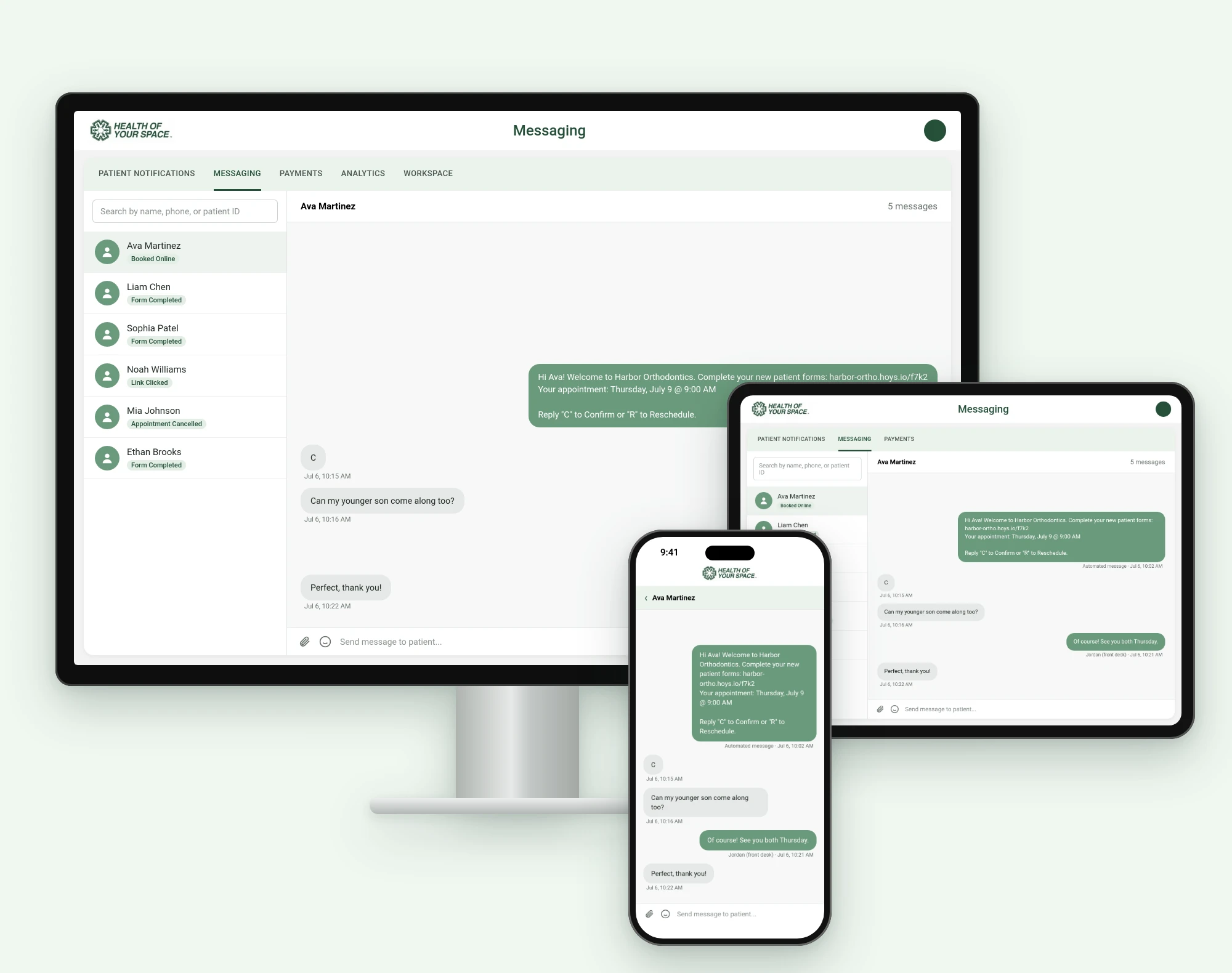 A two-way text conversation with a patient in the HoYS inbox, shown on a desktop, iPad and iPhone