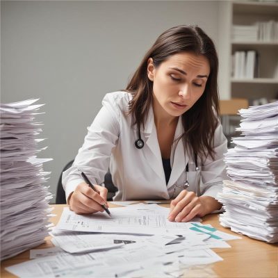 doctor with too much paper work